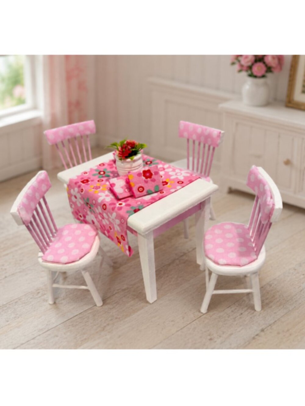 Dollhouse Miniature Dining Table 4 Chairs Pink White Hand Painted Wood Set 1:12 - Picture 4 of 9
